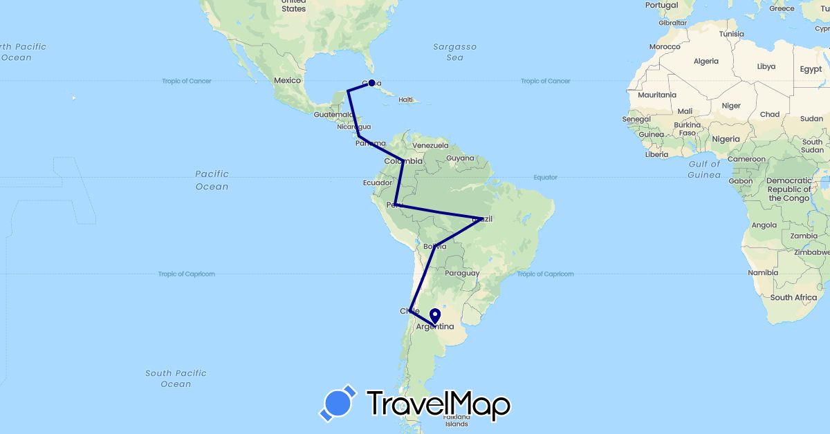 TravelMap itinerary: driving in Argentina, Bolivia, Brazil, Chile, Colombia, Costa Rica, Cuba, Mexico, Panama, Peru (North America, South America)